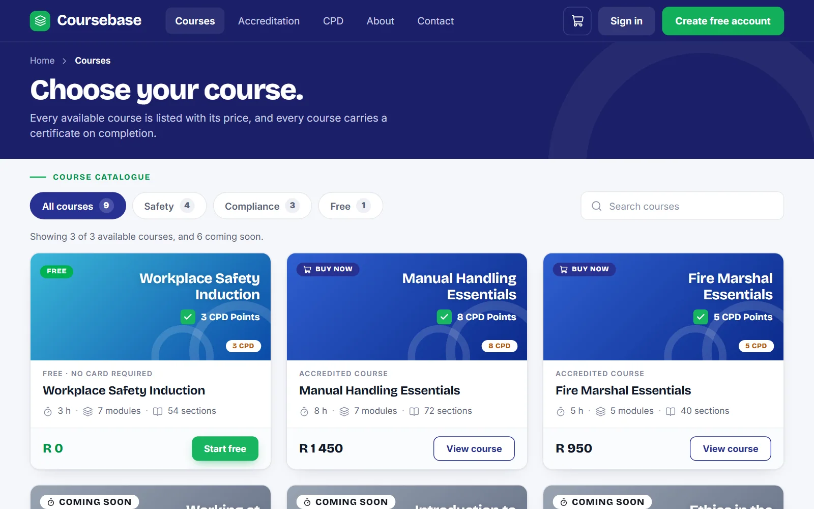 The Coursebase course catalogue: filters, search and course cards showing price, CPD points, hours, modules and sections (sample data).