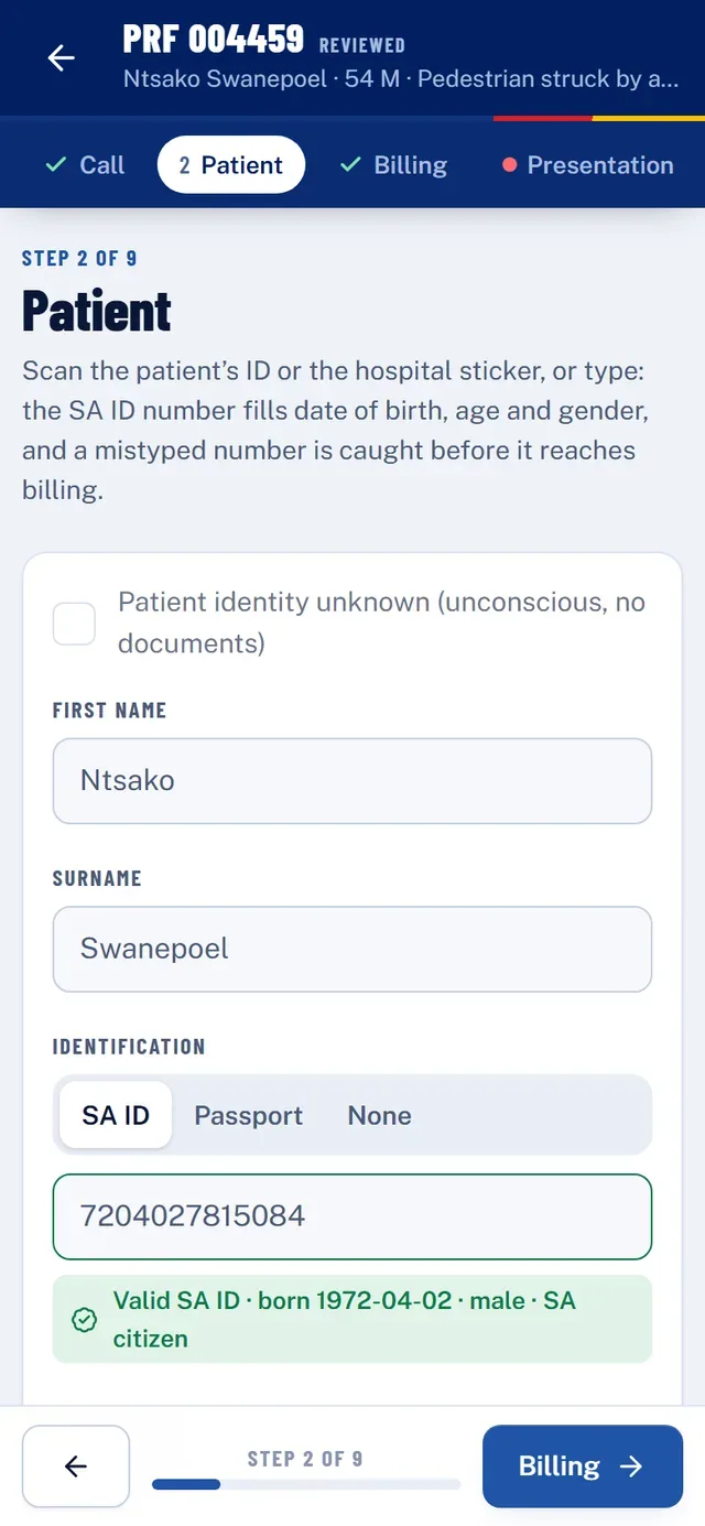 The patient step of a report: the ID number is checked and fills date of birth and gender (sample data).